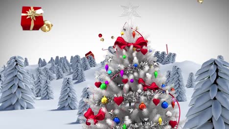 árbol-De-Navidad-En-El-Paisaje-Invernal-Y-Los-Iconos-Del-Concepto-De-Navidad-Cayendo-Sobre-Fondo-Gris