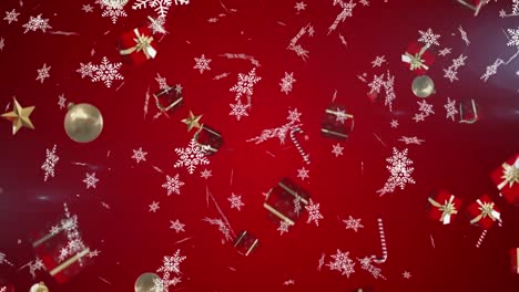 Snowflakes-and-multiple-christmas-concept-icons-falling-against-red-background