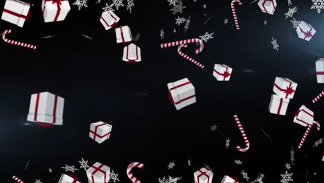Múltiples-Regalos-De-Navidad-E-íconos-De-Bastones-De-Caramelo-Cayendo-Contra-Copos-De-Nieve-Flotando-Sobre-Fondo-Azul