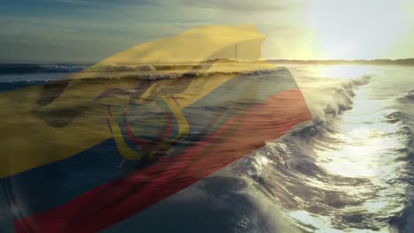 Animation-Der-Flagge-Ecuadors,-Die-über-Der-Meereslandschaft-Weht