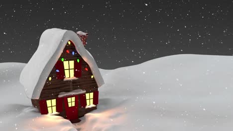 Animation-of-snow-falling-over-house-decorated-with-christmas-fairy-lights-in-winter-scenery
