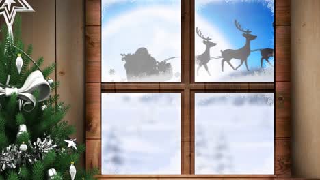 Animation-of-santa-claus-in-sleigh-with-reindeer-seen-through-window-and-christmas-tree