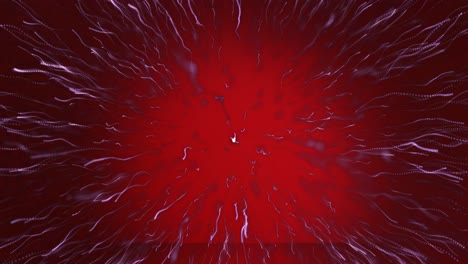 Digital-animation-of-purple-light-trail-bursting-against-red-background