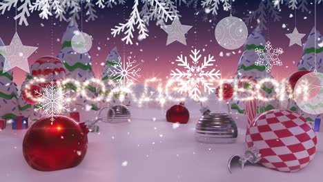 Feliz-Navidad-En-Texto-Ruso-Y-Nieve-Cayendo-Sobre-Adornos-Navideños-En-El-Paisaje-Invernal