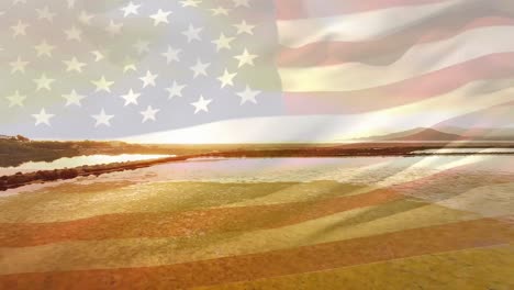 Animation-of-flag-of-united-states-of-america-blowing-over-sunny-beach-landscape-and-sea