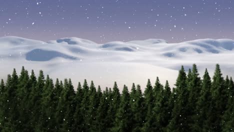 Animation-of-snow-falling-over-fir-trees-and-glowing-stars-on-blue-sky
