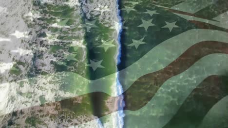Animation-of-flag-of-united-states-of-america-blowing-over-aerial-view-of-waves-in-sea
