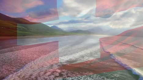 Animation-of-flag-of-switzerland-waving-over-beach-landscape-and-waves-in-sea