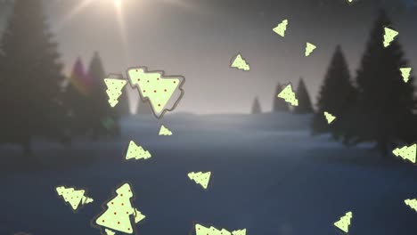 Animation-Von-Weihnachtsbäumen,-Die-über-Die-Winterlandschaft-Fallen