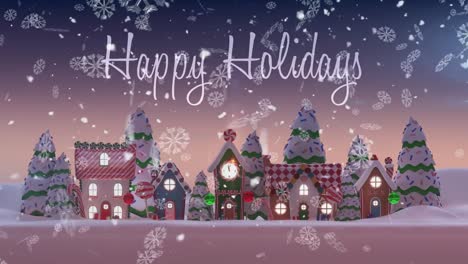 Happy-holidays-text-and-snowflakes-falling-over-multiple-houses-and-trees-on-winter-landscape