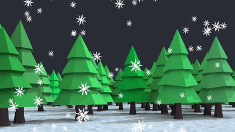 Animation-of-snow-falling-over-fir-trees-on-grey-background