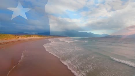 Animation-of-flag-of-chile-waving-over-beach-landscape-and-cloudy-blue-sky