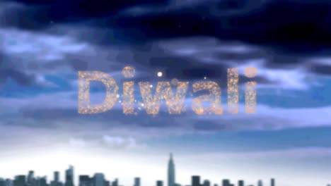 Animación-Del-Texto-De-Diwali-Con-Fuegos-Artificiales-Sobre-El-Paisaje-Urbano-Y-Las-Nubes
