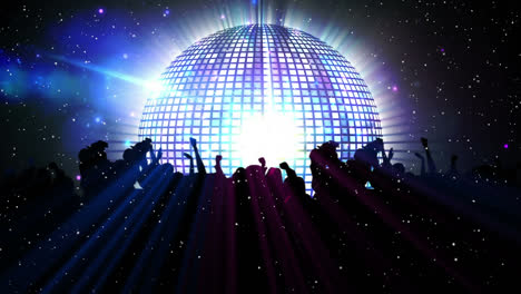 White-particles-falling-silhouette-of-people-dancing-against-disco-ball-on-black-background