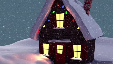 Animación-De-Nieve-Cayendo-Sobre-Una-Casa-Decorada-Con-Luces-Navideñas-En-Un-Paisaje-Invernal