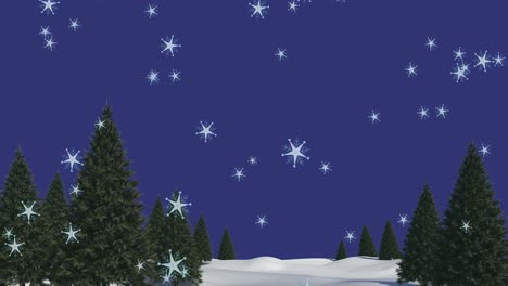 Multiple-stars-falling-over-trees-on-winter-landscape-against-blue-background