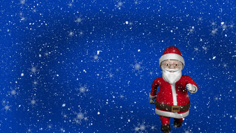 Animation-Des-Weihnachtsmanns-Beim-Gehen-Mit-Schnee,-Der-Auf-Blauem-Hintergrund-Fällt