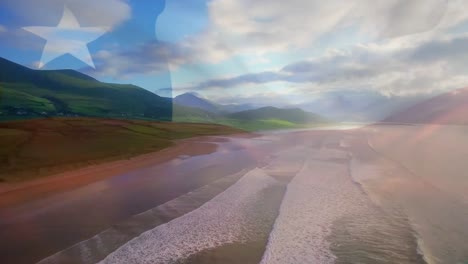 Digitale-Komposition-Der-Wehenden-Chilenischen-Flagge-Vor-Der-Luftaufnahme-Des-Strandes-Und-Der-Meereswellen