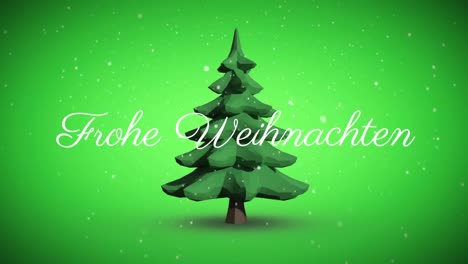 Frohe-Weihnachten-Text-Und-Schnee,-Der-Gegen-Sich-Drehendes-Weihnachtsbaum-Symbol-Auf-Grünem-Hintergrund-Fällt