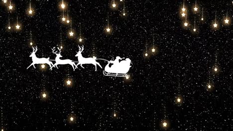 Animation-of-santa-claus-in-sleigh-with-reindeer-over-snow-falling-and-stars