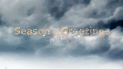 Animation-of-season's-greetings-text-with-fireworks-over-clouds