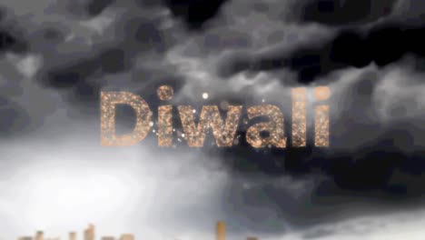 Goldener-Diwali-Text-über-Feuerwerk,-Das-Vor-Dunklen-Wolken-Am-Himmel-Explodiert
