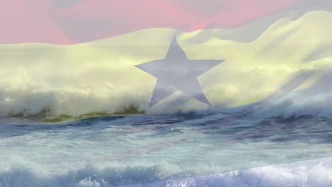 Animación-De-La-Bandera-De-Ghana-Ondeando-Sobre-Las-Olas-Rompientes-En-El-Mar.