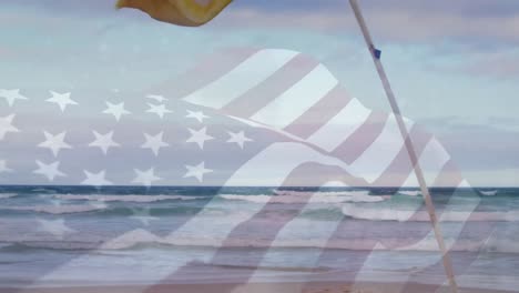 Digitale-Komposition-Der-Schwenkenden-US-Flagge-Gegen-Das-Warnschild-„Schwimmverbot“-Auf-Der-Flagge-Am-Strand