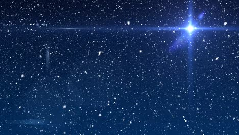 Animation-of-snow-falling-over-glowing-star-on-blue-sky