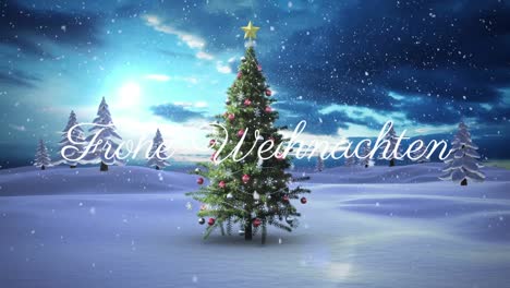 Animation-of-season's-greetings-text-over-snow-falling-and-christmas-tree-in-winter-scenery