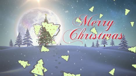 Animation-Von-Schnee-Und-Weihnachtsbäumen,-Die-über-Den-Text-„Frohe-Weihnachten“-Und-Die-Winterlandschaft-Fallen