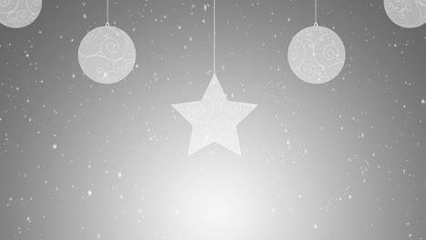 Animation-of-snow-falling-over-white-christmas-baubles-on-grey-background