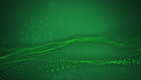 Animation-of-snowflake-over-green-glowing-mesh-on-green-background