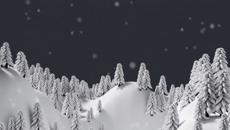 Schneeflocken-Fallen-über-Mehrere-Bäume-In-Der-Winterlandschaft-Vor-Grauem-Hintergrund