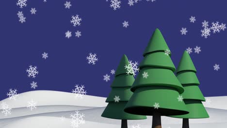 Schneeflocken-Fallen-über-Bäume-In-Der-Winterlandschaft-Vor-Blauem-Hintergrund