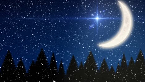 Animation-of-snow-falling-over-fir-trees,-glowing-stars-and-moon-on-blue-sky