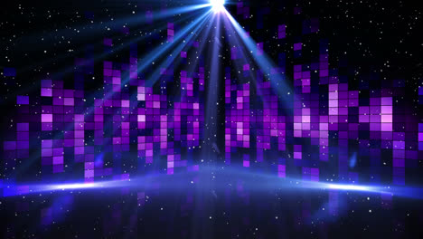 Weiße-Partikel-Fallen-Und-Lichtfleck-Vor-Violetten-Mosaikquadraten-Auf-Schwarzem-Hintergrund