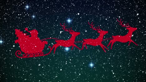 Animation-of-santa-claus-in-sleigh-with-reindeer-over-snow-falling-and-stars
