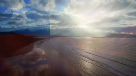 Digitale-Komposition-Der-Wehenden-Chilenischen-Flagge-Vor-Der-Luftaufnahme-Des-Strandes-Und-Der-Meereswellen