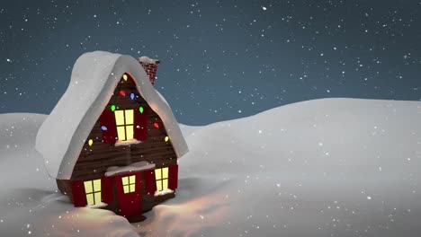 Animación-De-Nieve-Cayendo-Sobre-Una-Casa-Decorada-Con-Luces-Navideñas-En-Un-Paisaje-Invernal