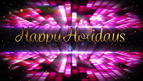 Happy-holidays-text-and-orange-spots-floating-over-pink-mosaic-squares-against-black-background