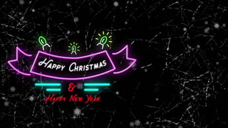 Snow-falling-over-neon-happy-christmas-and-new-year-text-banner-against-textured-black-background