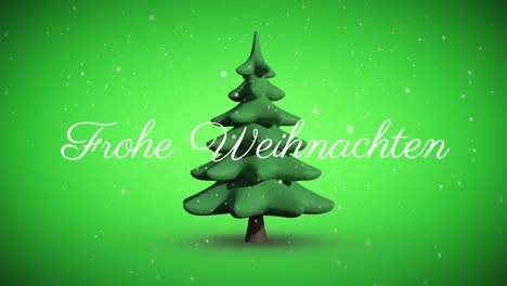 Frohe-weihnachten-text-and-snow-falling-against-spinning-christmas-tree-icon-on-green-background