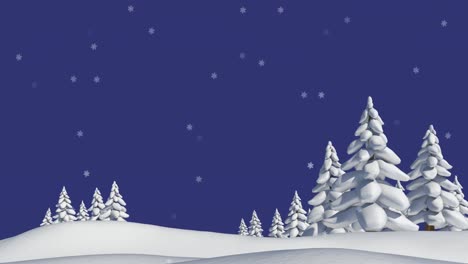 Multiple-stars-falling-over-trees-on-winter-landscape-against-blue-background