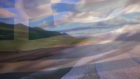 Animation-of-flag-of-greece-waving-over-beach-landscape,-sea-and-cloudy-blue-sky