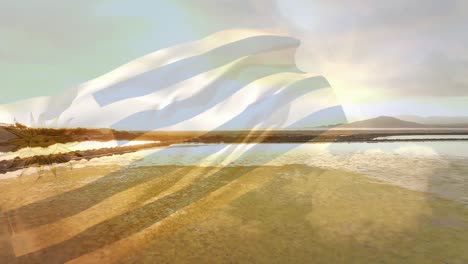 Digitale-Komposition-Der-Wehenden-Uruguayischen-Flagge-Vor-Der-Luftaufnahme-Des-Meeres