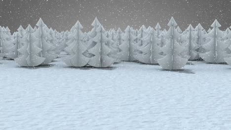 Snow-falling-over-multiple-trees-on-winter-landscape-against-grey-background