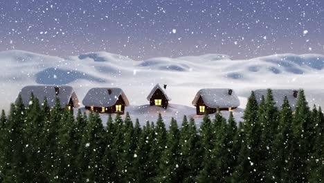 Snow-falling-over-winter-landscape-with-trees-and-houses-against-gradient-background