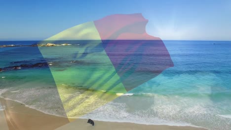 Digital-composition-of-waving-belgium-flag-against-aerial-view-of-the-beach-and-sea-waves