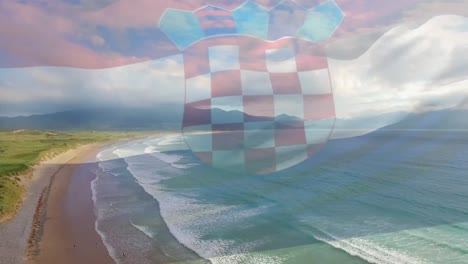 Composición-Digital-De-Ondear-La-Bandera-De-Croacia-Contra-La-Vista-Aérea-De-La-Playa-Y-Las-Olas-Del-Mar